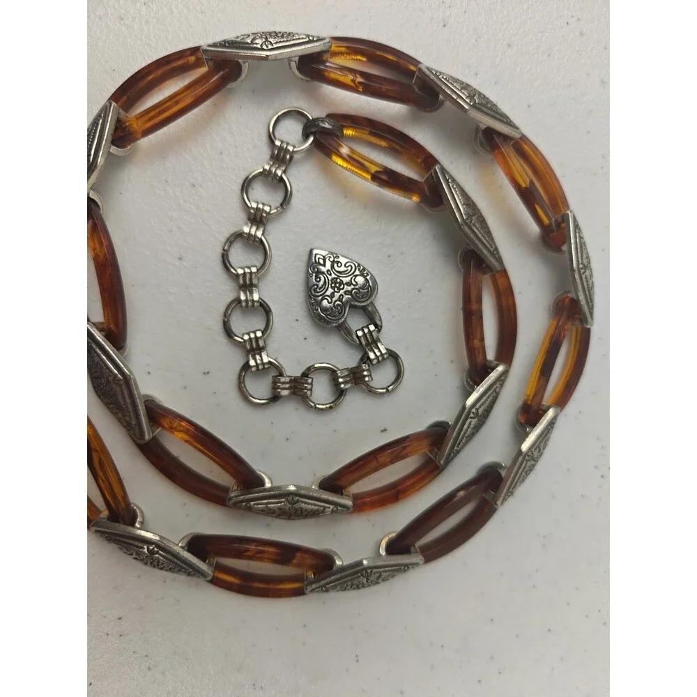 Vintage Women Brighton  32” Silver & Tortoise Lucite Chain Link Hobo Hippie Belt